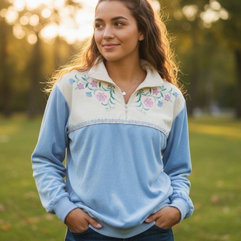 Vintage 80s G Casuals Blue Velour Sweatshirt Embroidered‎ Floral Half-Zip Size M